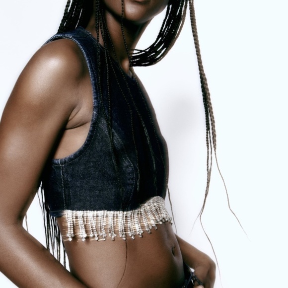 NWT ZARA DENIM INDIGO FRINGE JEWELED CROP TOP - size M - Picture 4 of 7